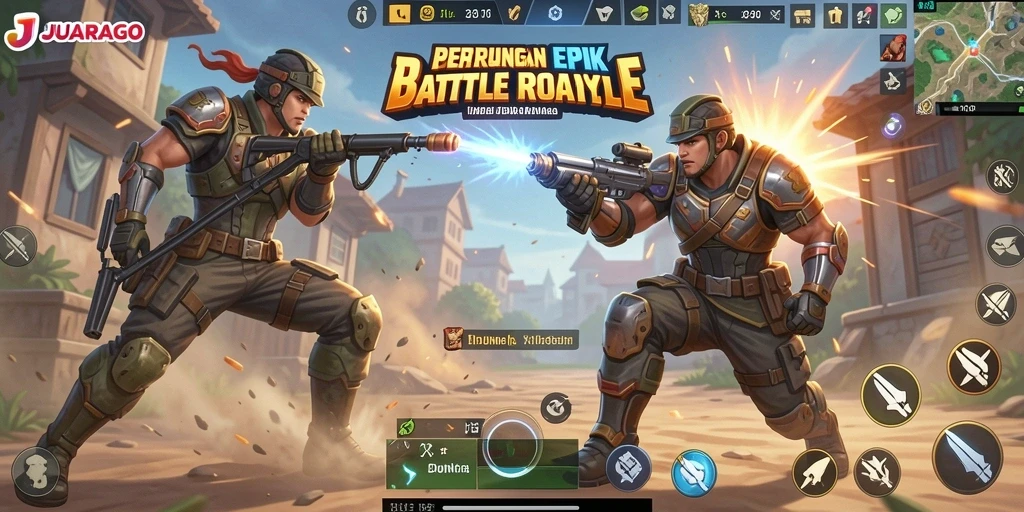 Screenshot JUARAGO menampilkan pertempuran epik di arena Battle Royale.