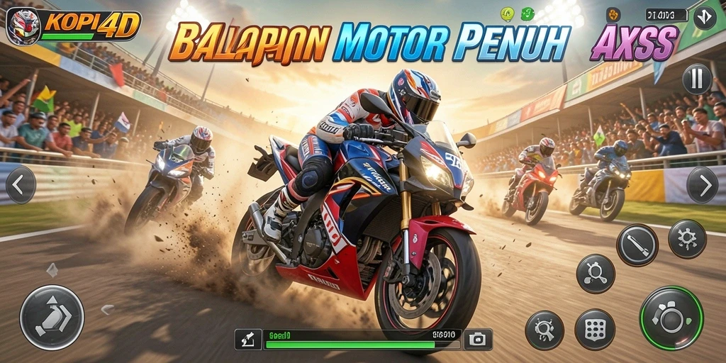 Tampilan gameplay menegangkan di KOPI4D dengan balapan motor yang cepat.