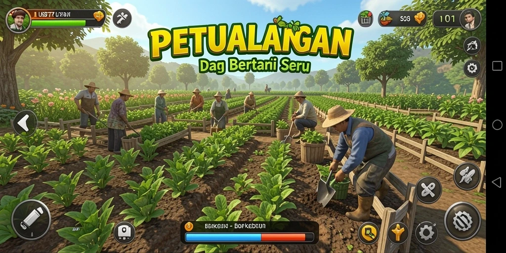 Tampilan gameplay LUSA777 dengan kebun yang subur dan hewan peliharaan.