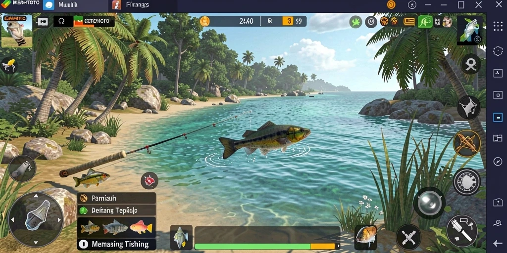 Screenshot gameplay MERAHTOTO yang menunjukkan serunya memancing.