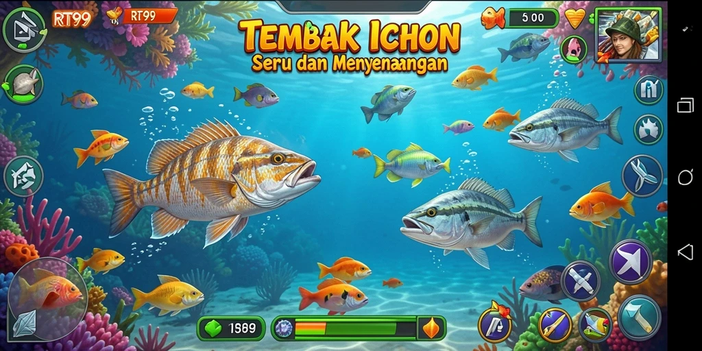 Screenshot gameplay RT99 dengan ikan yang berwarna-warni dan menegangkan.