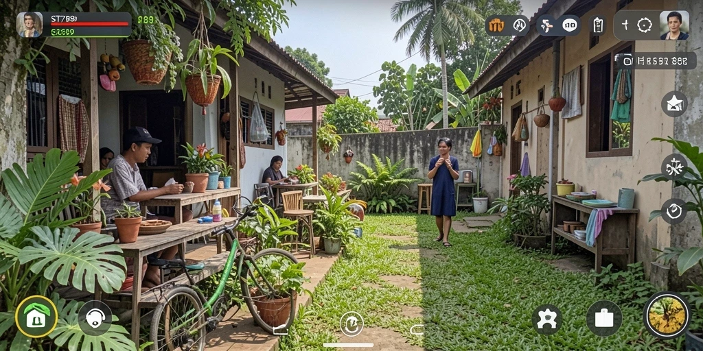 Tampilan gameplay ST789 dengan karakter dan rumah yang didekorasi indah.