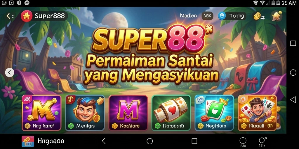 Tangkapan layar gameplay SUPER88 yang menampilkan suasana permainan yang ceria.